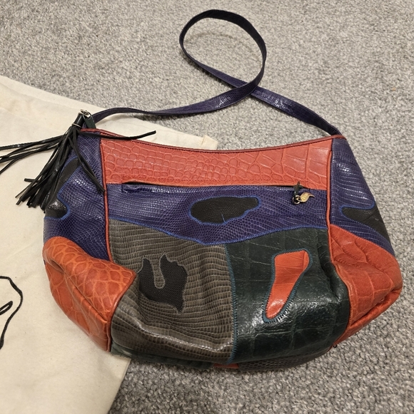 Vintage Sharif Multicolored Lizard/ Croc Patchwork Crossbody/Shoulderbag - Picture 3 of 14